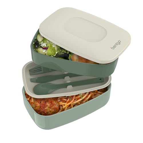 Bentgo Classic - Adult Bento Box, All-in-One Stackable Lunch Box Container with 3 Compartments, Plastic Utensils, and Nylon Sealing Strap, BPA Free Food Container (Khaki Green)