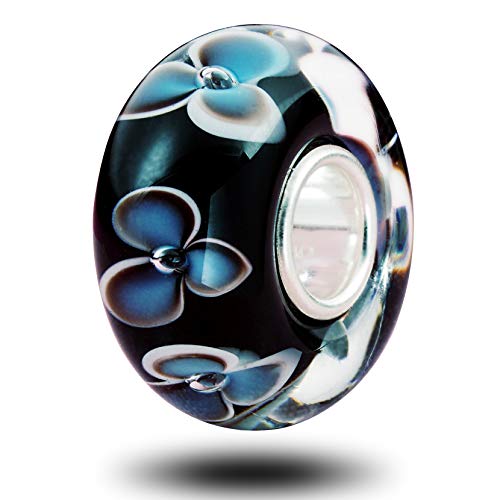 CHAWIN Flowers on Indigo Bead Lampwork Murano Glass Charms Hawaii Garden Flower Blossom Black Charm with 925 Sterling Silver Core Compatible with Pandora Charm Bracelet Necklace Gifts for Women