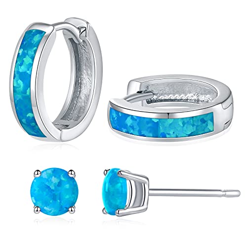 Hypoallergenic Hoop Stud Earrings Set for Multiple Piercing Earingssimple Women Girls Kids (Silver, Created Blue Opal)