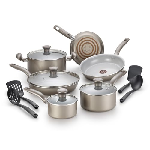 T-fal Initiatives Ceramic Nonstick Cookware Set 14 Piece Oven Safe 350F Pots and Pans Gold