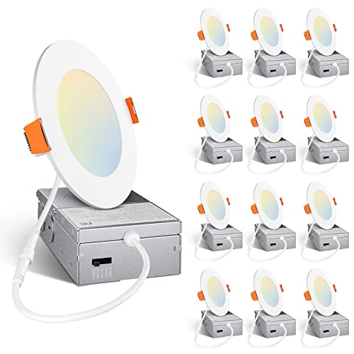 Amico 12 Pack 4 Inch 5CCT Ultra-Thin LED Recessed Dimmable Can/Ceiling Light with Junction Box, 2700K/3000K/3500K/4000K/5000K Selectable, 11W Eqv 70W, 800LM High Brightness Downlight - ETL&FCC