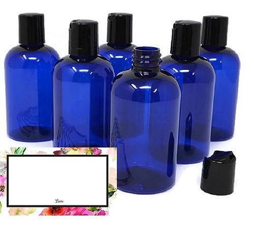 Baire Bottles - 4 Ounce Blue Plastic Bottles, Black Flip Disc Caps -Travel Personal Care Products, Light Blocking Blue, PET, No BPA, Lightweight - 6 Pack, including 6 Floral Labels