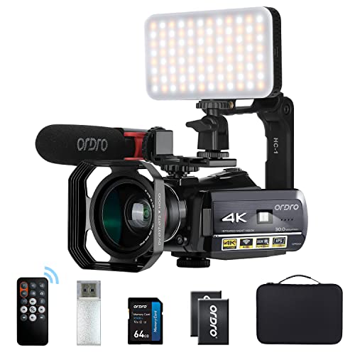 ORDRO AC3 4K Digital Zoom Camcorder 1080P 60FPS Video Camera IR Night Vision,Microphone, Wide Angle Lens, LED Video Light, Handheld Holder, Carrying Case,64GB SD Card