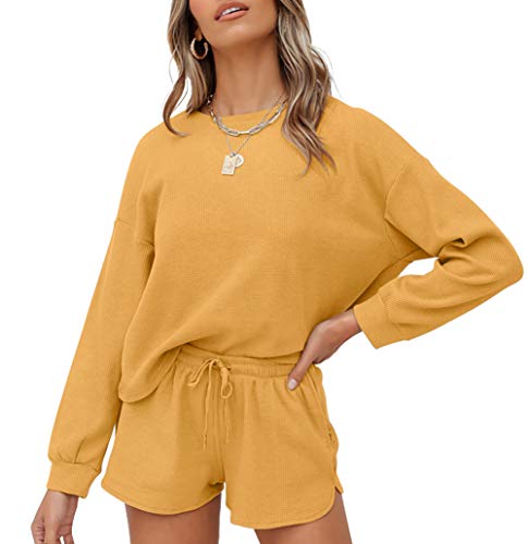 ZESICA Women's Waffle Knit Long Sleeve Top and Shorts Pullover Nightwear Lounge Pajama Set with Pockets,Yellow,Small
