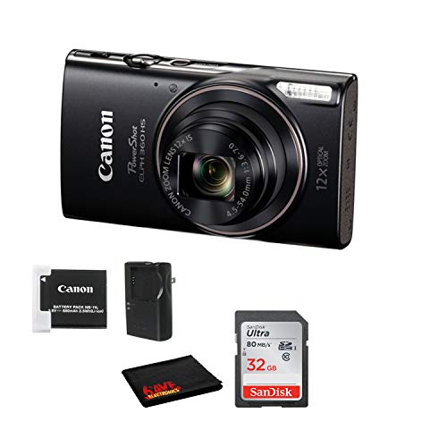 Canon PowerShot ELPH 360 HS Digital Point and Shoot Camera (Black) Bundle with 32 GB Memory Card and More (Renewed)