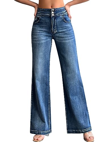 roswear Women’s Wide Leg Jeans Casual High Waisted Stretch Baggy Loose Denim Pants 104 Blue Medium