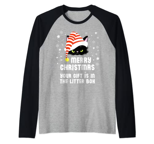 Merry Christmas Top Your Gift is in the Litter Box Cat Funny Raglan Baseball Tee