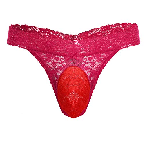 Men's Lace Frilly Sissy Thong Panties Sheer Mesh Bikini Briefs T-back G-string Underwear (Large, Red)
