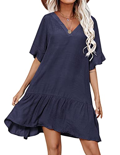 Aoulaydo Swimsuit Cover Ups for Women Sexy Beach Cover Up Dress Short Sleeves Bathing Suit Coverup Navy Blue