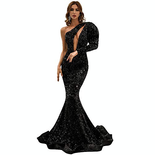 Miss ord Women's One Shoulder Off Cutout Formal Sequin Prom Dress Floor-Length Mermaid Maxi Party Gown Black