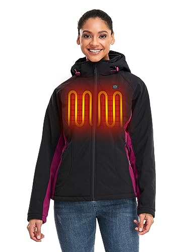 ORORO Women's Slim Fit Heated Jacket with Battery Pack and Detachable Hood (Black/Purple,L)