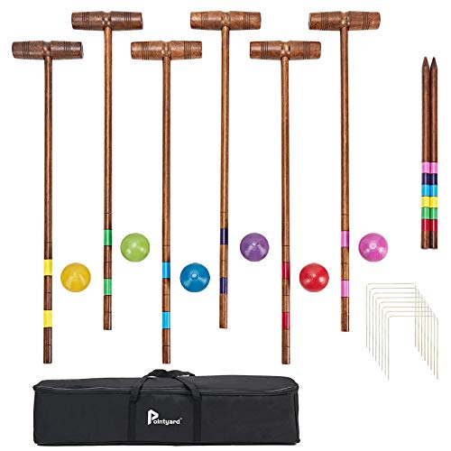 Pointyard 32’’ Six Player Croquet Set, Regulation [Classic Vintage] Croquet Set with Wooden Mallets/Colored Ball/Wickets/Stakes for Adults/Teenagers/Family-Perfect for Lawn/Backyard Game/Park