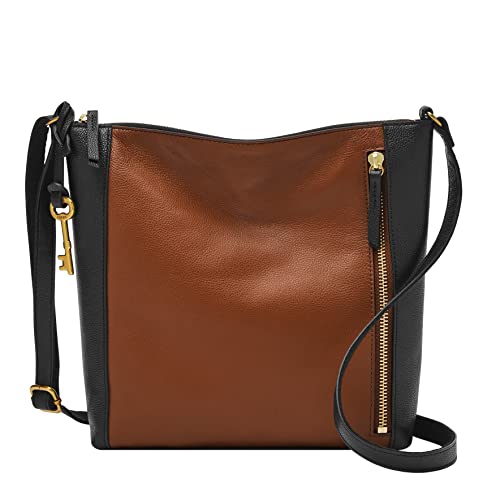 Fossil Women's Tara Leather Crossbody Purse Handbag, Brown/Black Colorblock (Model: ZB1760015)