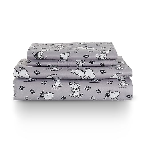 Berkshire Blanket Peanuts Kids Sheet Set Full Size - 4 Piece,Cute Character Snoopy Printed Soft Microfiber Bed Sheets,Peanuts Mini Poses and Paws Sheet Scale Grey