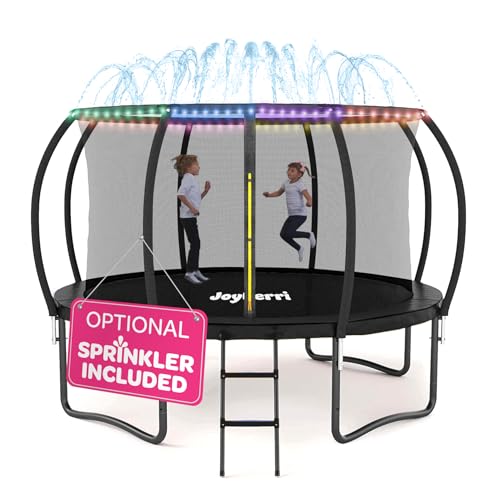 JoyBerri Trampoline for Kids and Adults - 8Ft 10Ft 12Ft 14FT Trampoline with Net - with Bonus Sprinkler and LED Lights/ASTM Certified/Extra Sturdy Recreational Outdoor Trampolines