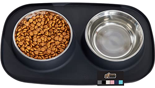Gorilla Grip 100% Waterproof BPA Free Cat and Dog Bowls Silicone Feeding Mat Set, Stainless Steel Bowl Slip Resistant Raised Edges, Catch Water, Food Mess, No Spills, Pet Accessories, 2 Cup, Black