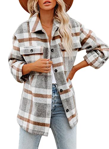 Beaully Women's Brushed Plaid Shirts Long Sleeve Flannel Lapel Button Down Pocketed Shacket Jacket Coats 6017 Khaki Large