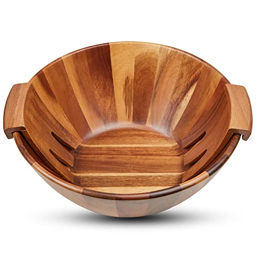 FRESHY CHEF Wooden Salad Bowl - 3 Piece Set - Large Acacia Wood Salad Bowl with Serving Hands - Handmade with Natural Wood - Also Works as Fruit Holder and Decorative Table Accent