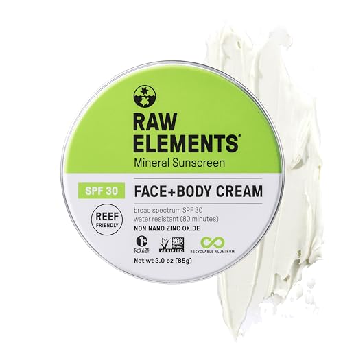 Raw Elements Face and Body Mineral Sunscreen SPF 30 Tin, Organic Sunblock Daily Protection, Non Toxic Reef Safe, Water Resistant, Cruelty Free, Plastic Free, 3 oz (Pack of 1)