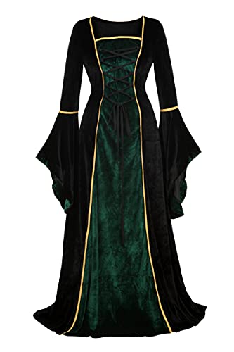 Parlsdy Renaissance Costume Women Velvet Irish Dress Medieval Witch Costumes Victorian Faire Costumes Black Green-L