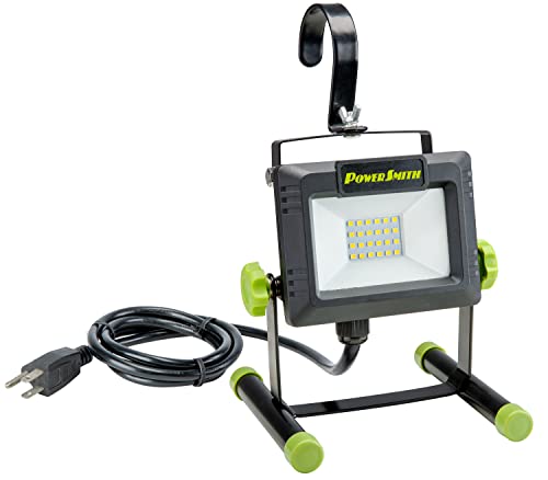PowerSmith PWLS020H 2000 Lumen LED Weatherproof Tiltable Portable Work Light with Large Adjustable Metal Hook, 360° Tilt, Metal Stand, Impact-Resistant Glass Lens and 5 Year Warranty , Black