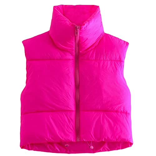 Women's Winter Cropped Puffer Vest Crop Jackets For Women Full Zip Stand Collar Padded Lightweight Outwear Vest Pink Rose Red M