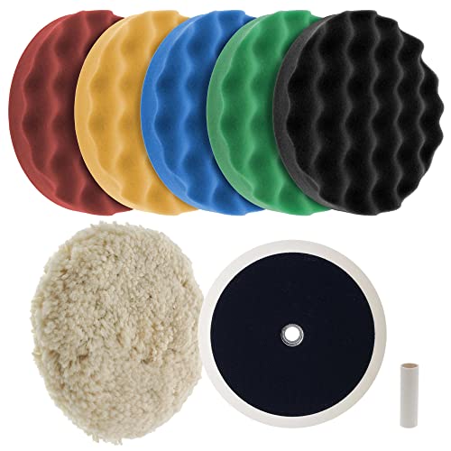 Ultimate 6 Pad Buffing and Polishing Kit with 6-8' Pads; 5 TCP Global Waffle Foam & 1 Wool Grip Pads and a 5/8' Threaded Polisher Grip Backing Plate
