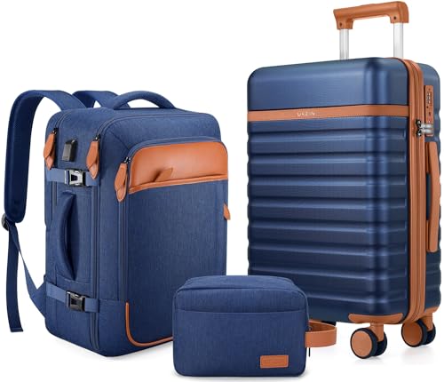 UKEIN Luggage Sets 3 Piece, Carry On Luggage 20 Inch With Spinner Wheels,PC Hardside Suitcase Set with TSA Lock,Durable Carry On Suitcase With Travel Backpack for Men Women(Blue Brown)