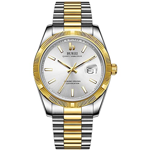 BUREI Men Watches Luxury Analog Quartz Wrist Watch Silver Dial Calendar Display Sapphire Crystal Lens with Two Tones Stainless Steel Band,Gold White Dial