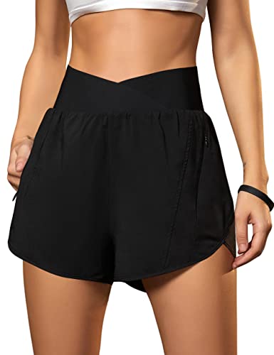 Blooming Jelly Women's Workout Shorts Athletic Running Shorts Elastic High Waisted Black Tummy Control Shorts with Zipper Pockets 2.5' (Black,Medium)