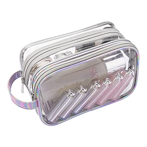 Lermende Clear Makeup Bag with Zipper,2 Layer Clear Cosmetic bag Bag/Clear Toiletry Bag,Clear Bag for Travel,Portable Makeup Organizer Bag,Water-Resistant Large Travel Makeup Bag for Women and Girl