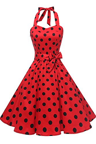 Topdress Women's Vintage Polka Audrey Dress 1950s Halter Retro Cocktail Dress Red/Black Dot 2XL