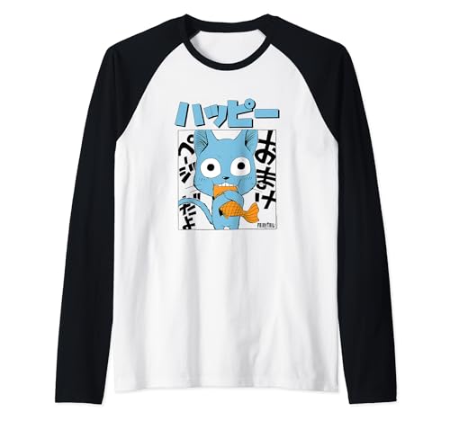 Fairy Tail Manga Happy Eating Fish Raglan Baseball Tee