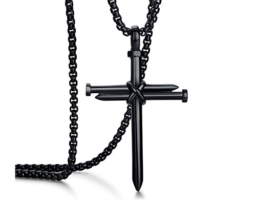 Rehoboth Men's Stainless Steel Nail Cross Pendant Necklace for Boys Womens Mens With 24 Inch Chain Polished Black