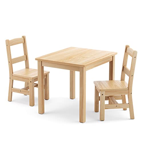 Curipeer Rubberwood Kids Table and 2 Chair Set, Water Resistant Toddler Table and Chair Set, Non-Slip Pad and Waterfall Edge, Easy to Clean,Ideal Children Table Set for Bedroom, Playroom,Natural Wood