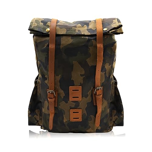 Camouflage Waxed Canvas Leather Hiking Travel Waterproof Backpack For College Weekend Travel Fit 15in laptops (Army Green)
