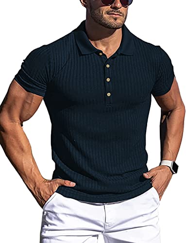 LOGEEYAR Mens Slim Fit Muscle Polo Shirt Short Sleeve Ribbed Knit Tees Stretch Workout Casual T Shirt Navy