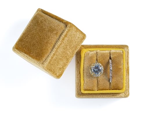 NicGor Velvet Ring Box Double Slots, Gift for Proposals Engagement and Wedding Band Photographs - Square Vintage Jewelry Ring Boxes (Gold Yellow)
