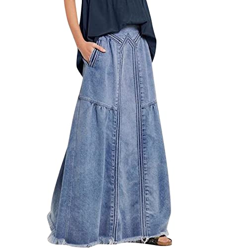 Women's Retro Exposure Button/Zipper-Fly Full Length A-Line Fishtail Maxi Long Washed Denim Jean (Z4-Light Blue, M)
