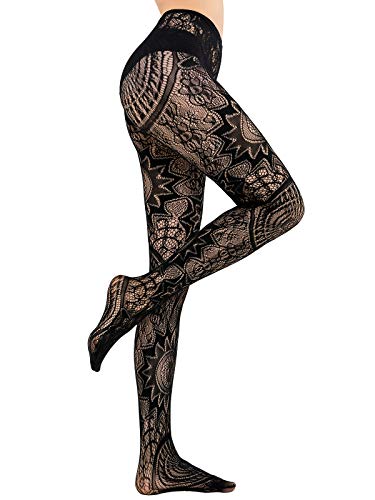 HONENNA Patterned Fishnets Tights Black Pantyhose Stockings for Women, 1 Pair, Style A1 Black