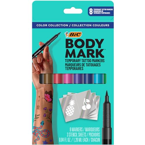 BIC BodyMark Temporary Tattoo Markers for Skin, Color Collection, Flexible Brush Tip, Assorted Colors, Skin-Safe, Cosmetic Quality 8-Count Pack