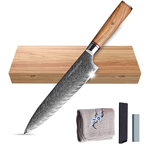 Master Maison Authentic 8' Chef Knife Damascus Steel With Full-Tang Wood Handle, Sheath, Sharpening Stone, Storage Box, & Drying Cloth | AUS-10 Japanese Ultra Sharp Stainless Steel Chef's Knife Set