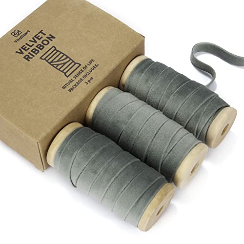Vitalizart Dusty Green Velvet Ribbon Set 3/8'' x 15Yd Wooden Spool Fabric Trim Eco-Friendly 3 Rolls * 5Yd for Christmas Wreath Decoration Handmade Craft Ornaments Gift Wrapping & Bow Making