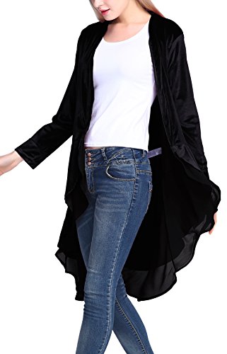 Urban CoCo Women's Long Sleeve Velvet Cardigan Coat with Asymmetric Chiffon Hem (2XL, Black)