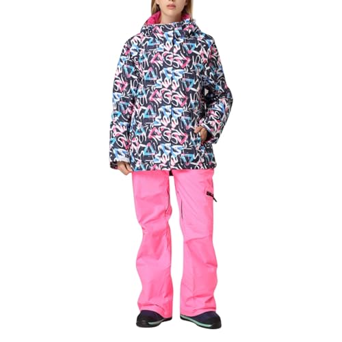 Womens Ski Suit Windproof Waterproof Insulated Hooded Stand Collar Printed Zipper Pocket Snowboard Snow Suit 2 PC