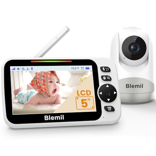 Blemil Baby Monitor with 30-Hour Battery, 5' Large Split-Screen Video Baby Monitor with Camera and Audio, 3500mAh Battery, Remote Pan/Tilt/Zoom Camera, Two-Way Talk, Night Vision, Lullabies, No WiFi