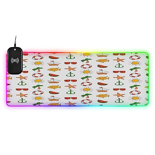 WELLDAY Summer Anchor Fish Sunglasses RGB Gaming Mouse Pad, Large Extened LED Gaming Mouse Mat - 15W Wireless Charging, 14 Light Modes Non-Slip Rubber Base Keyboard Mat 900 x 400mm / 35.4×15.7 inches