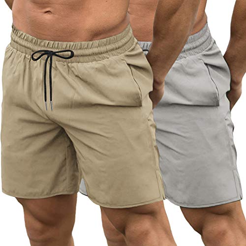 COOFANDY Men's 2 Pack Gym Workout Shorts Quick Dry Bodybuilding Weightlifting Pants Training Running Jogger with Pockets (Light Khaki/Grey, Large)
