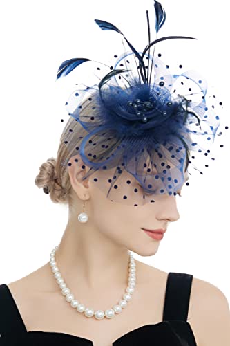 Myjoyday Women's Fascinators, Feathers Tea Party Hat, Veil Headband with Hair Clip for Cocktail Church (Dark Blue)