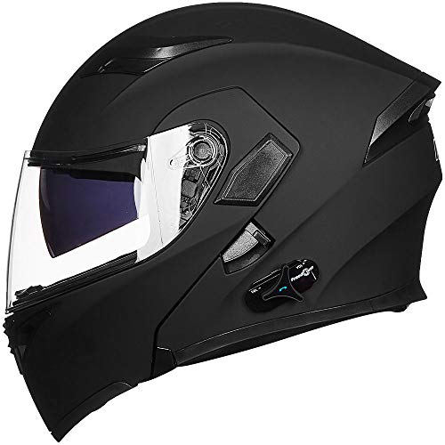 ILM Bluetooth Motorcycle Helmet Modular Flip up Full Face Dual Visor Mp3 Intercom FM Radio DOT Approved Model 902BT(Matte Black, M)
